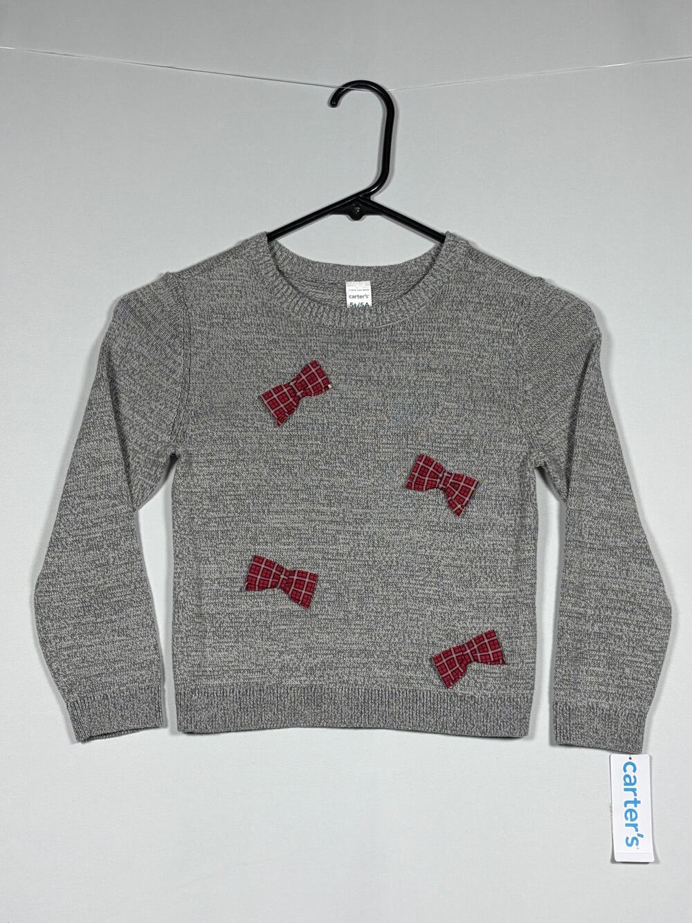 CARTER'S Toddler Girls Grey Knit Sweater Red Plaid Bow Accents Size 5T NWT